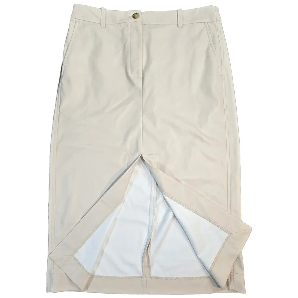 J. Crew Cream Faux Leather Midi Skirt Front Slit High Waist Ivory Size 8 Office